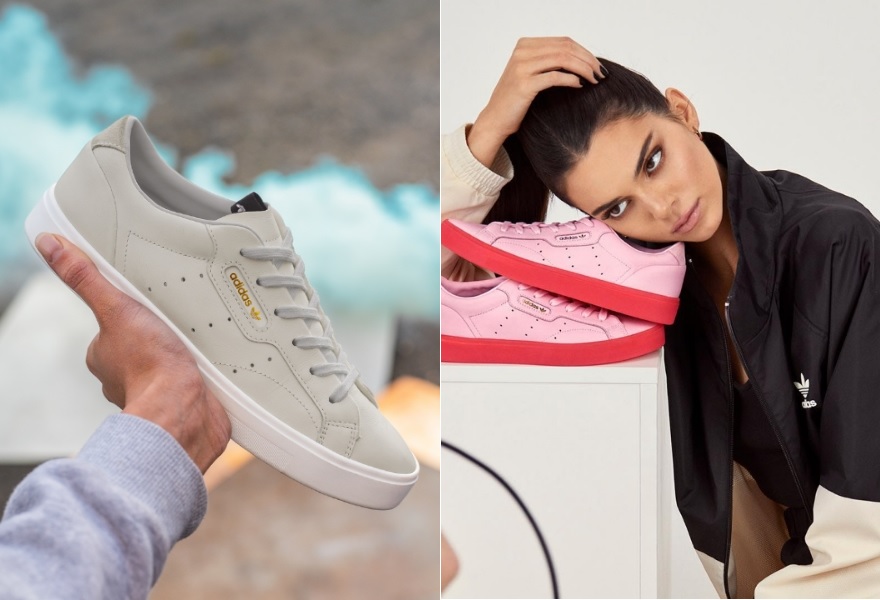 Der Sleek Sneaker von adidas Originals in den Farben Grau und Rosa-Rot. Rechts mit Kendall Jenner