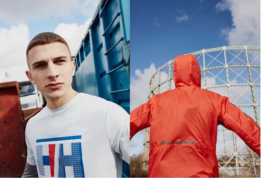 Links: Ein mann trägt ein weißes Helly Hansen T shirt. Rechts: Ein Mann schaut von der Kamera weg in einer orangefarbenen Helly Hansen Jacke.