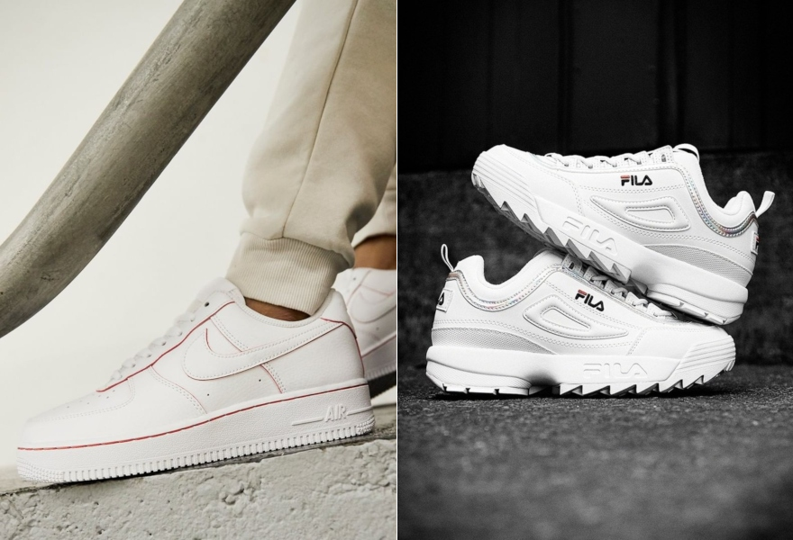 Weiße Nike Air Force 1 mit roten Details und weiße Fila Disruptor