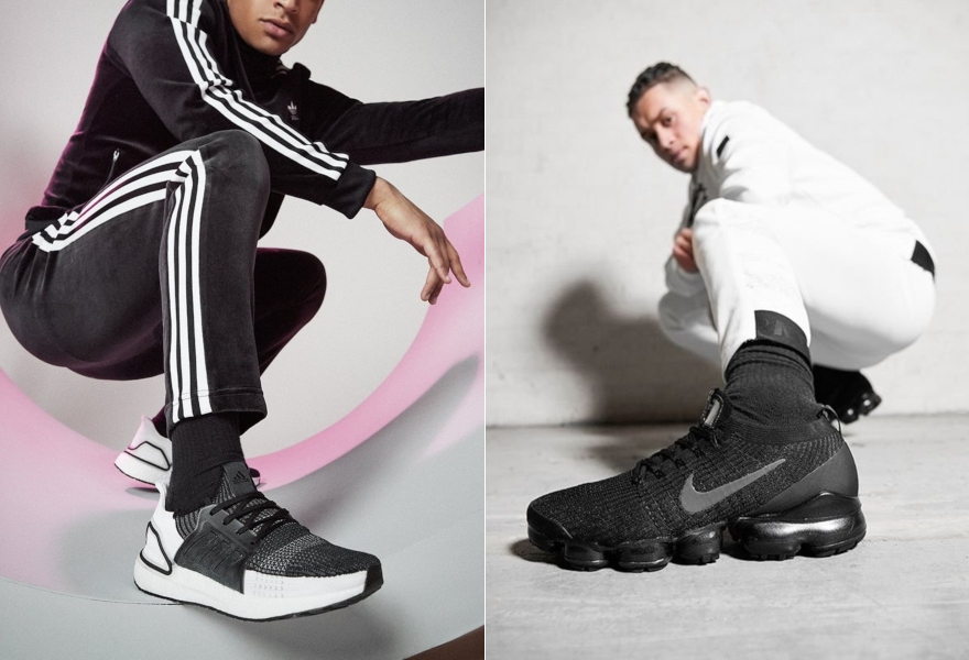 Mann mit schwarz-weißen adidas Ultraboost 19 und Mann mit schwarzen Nike Vapormax.