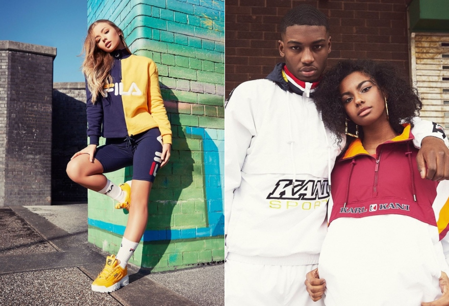 Mädchen in Fila Outfit und Pärchen mit Karl Kani Jacke in weiß und rot