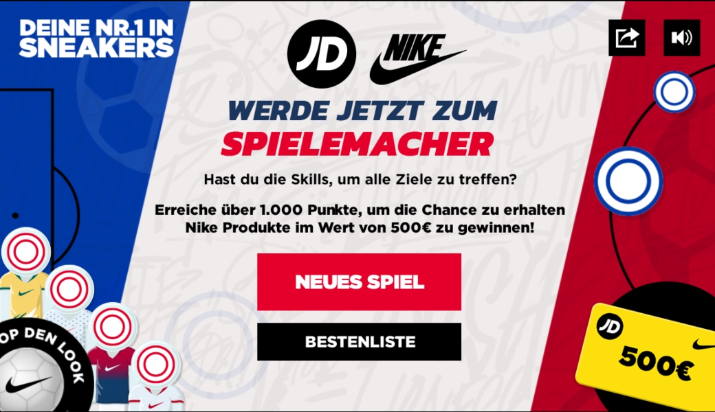 Spieloberfläche für JD Sports x Nike Gewinnspiel